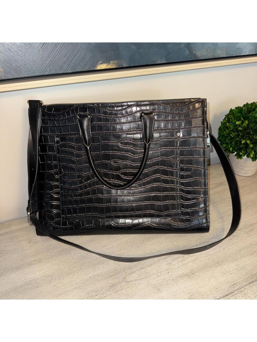 Cluci Black Vegan Leather Alligator Briefcase, Colored Expanding Sides